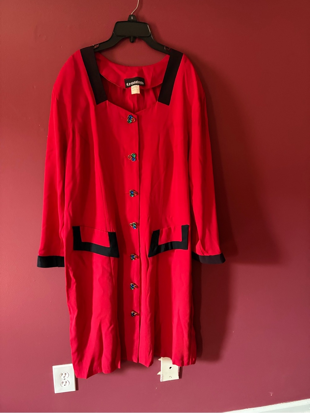 Bright Red Long Button Front Jacket with Black Trim